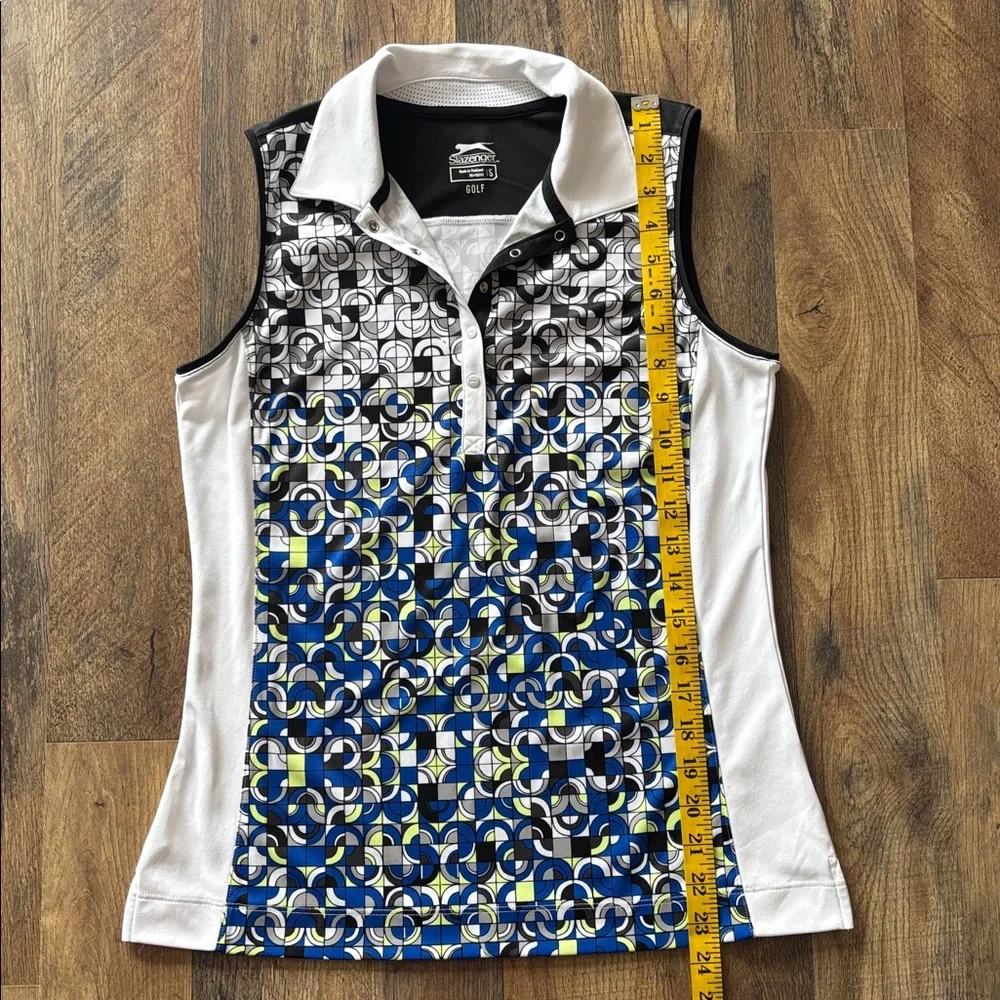 Slazenger Black White Blue Green Sleeveless Geometric Pattern Golf Polo small - Picture 3 of 7